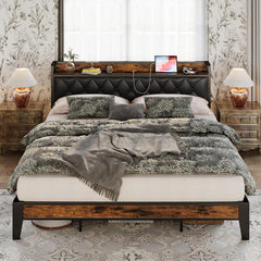 Full Size Bed Frame, Storage Headboard with Outlets, Easy to Install, Sturdy and Stable, No Noise, No Box Springs Needed - Perfect for a Good Night'S Sleep