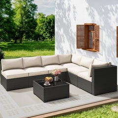 7 Piece Outdoor Patio Furniture Set, Outdoor Sectional Furniture, Rattan & Wicker Modern Modular Conversation Set Sofa Couch W/Water Resistant Washable Thick Cushions and Coffee Table, Coffee/Beige