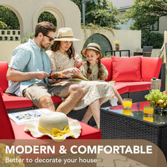 7 Pieces Outdoor Sectional Sofa Patio Furniture Sets Manual Weaving Wicker Rattan Patio Conversation Sets with Cushion and Glass Table (Red)