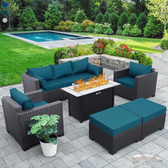 6 Pieces Patio Wicker Furniture Set Outdoor PE Rattan Conversation Couch Sectional Chair Sofa Set with Royal Blue Cushions