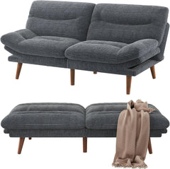 Convertible Futon Sofa Bed,66" Corduroy Futon Couch with Adjustable Backrest and Armrests, Recliner Sleeper Sofa for Small Spaces, Play Room or Office, Grey
