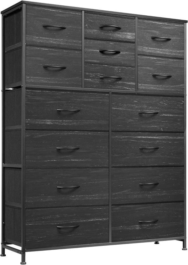 WLIVE Tall Console Table with 15 Fabric Drawers, Entryway Table with Storage, Tall Storage Organizer with Wood Top, Steel Frame for Living Room, Hallway, Office, Charcoal Black Wood Grain Print