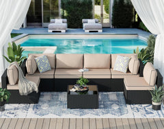 7 Piece Outdoor Patio Furniture Set, PE Rattan Conversation Sofa Set, Wicker Sectional Sofa Set with Cushions Couch Set & Coffee Table for Outside, Garden, Balcony, Light Blue