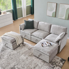 88.98" Modern U-Shaped Sectional Sofa with Ottoman and Storage, Chenille 3-Seater Couch with Deep Seat and Pillows for Living Room and Bedroom, Beige White