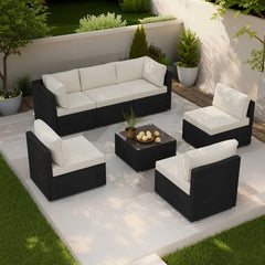 7-Piece Outdoor Patio Furniture Set – Handwoven All-Weather Rattan & 4” Thick Waterproof Cushions, Wicker Outdoor Conversation Sets with Coffee Table for Deck, Backyard, Garden