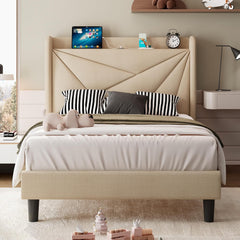 Full Size Bed Frame with Charging Station, Linen Platform Bed Frame with Wingback Headboard Upholstered Bedframe, Solid Wood Slats Support, No Box Spring Needed, Easy Assembly, Dark Grey