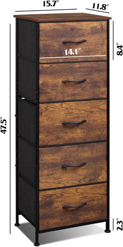 Fabric Dresser, 5-Drawer Tall Dresser for Bedroom, Storage Organizer with Fabric Bins, Wood Top, Sturdy Steel Frame, Chest of Drawers for Closet, Hallway, Rustic Brown Wood Grain Print