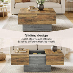 35.4"-52.3" Extendable Farmhouse Coffee Table, Living Room Center Table with Storage, Expandable Wooden Coffee Table for Small Spaces, Coffee Tables for Living Room (1, Brown+Grey)