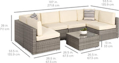 7-Piece Modular Outdoor Sectional Wicker Patio Conversation Set W/ 2 Pillows, Coffee Table, Cover Included - Gray/Cream