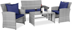 4-Piece Outdoor Wicker Patio Conversation Furniture Set for Backyard W/Coffee Table, Seat Cushions - Gray/Cream