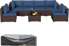 Patio Furniture Sets, 7 Pieces Outdoor Rattan Sectional Sofa Set with Glass Table and Cushions, Wicker Patio Conversation Set for Outdoor Indoor Backyard Lawn Garden Porch (Grey)