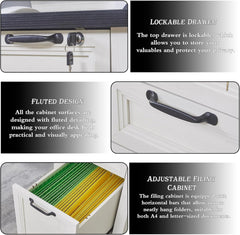 55” Farmhouse L Shaped Desk with Charging Station,Executive L Shaped Desk with Lockable Drawers and Storage Cabinet & Adjustable File Cabinet,White Corner Desk for Home Office