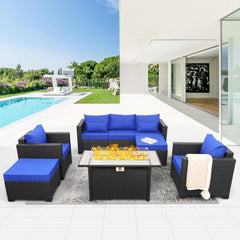 6 Pieces Patio Wicker Furniture Set Outdoor PE Rattan Conversation Couch Sectional Chair Sofa Set with Royal Blue Cushions