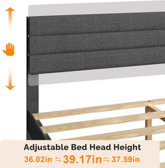 Platform Bed Frame Queen Size with Linen Fabric Headboard,Modern Panel Low Profile Bed with Upholstered & Sturdy Slats Support for Bedroom, Mattress Foundation, Dark Gray