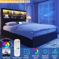 Queen Bed Frame with Headboard, Queen Bed Frame with High Storage Bookcase Headboard,4 Storage Drawers & Charging Station & Led,No Box Spring Needed/Noise Free/All-Metal Support,Rustic Grey