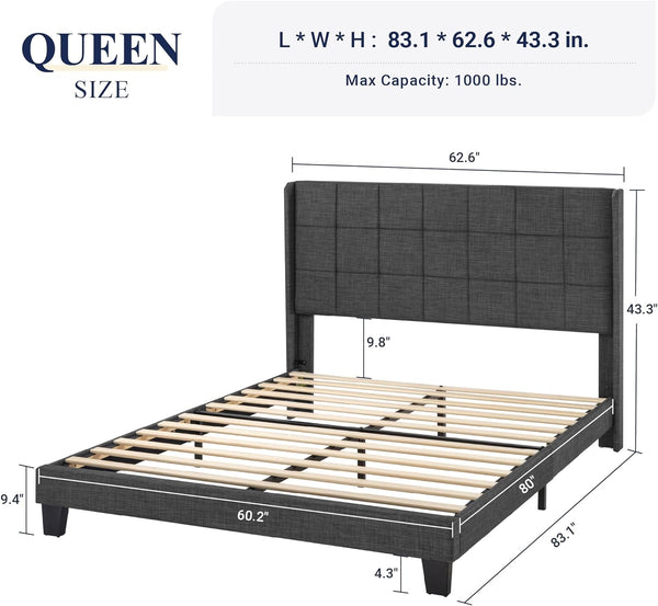 Queen Size Platform Bed Frame with Wingback, Fabric Upholstered Square Stitched Headboard and Wooden Slats, Mattress Foundation, Box Spring Optional, Easy Assembly, Dark Grey