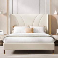 Full Size Bed Frame with 51.2" Tall Curved Wingback Headboard, Linen Upholstered Platform Bed, Soft Fabric/Noise-Free/Wooden Slats Support/No Box Spring Needed/Easy Assembly, Beige
