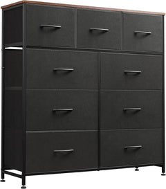 9-Drawer Dresser, Fabric Storage Tower for Bedroom, Hallway, Entryway, Closet, Tall Chest Organizer Unit with Fabric Bins, Steel Frame, Wood Top, Easy Pull Handle, Rustic Brown Wood Grain Print