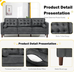 84" Suede Leather Sofa with 2 Soft Pillows, Tufted Modern Sofa with Sturdy Wooden Legs, 3 Seats Couch for Living Room, Office, Bedroom, Grey