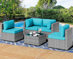5 Pieces Outdoor Patio Sectional Sofa Couch, Silver Gray PE Wicker Furniture Conversation Sets with Washable Cushions & Glass Coffee Table for Garden, Poolside, Backyard (Aegean Blue)