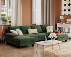 Sectional Couches for Living Room, U-Shaped Sofa Couch with Linen Fabric, 4 Seat Sofa Set with Double Chaise for Apartment (Fabric, Green)
