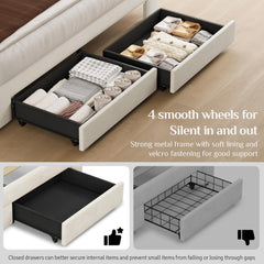 Full Size Bed Frame with 2 Storage Drawers, Upholstered Bed Frame with Adjustable Diamond Headboard, Velvet Modern Platform Bed Frame, No Box Spring Needed, Easy to Assemble, Beige