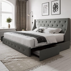 Queen Bed Frame with 4 Storage Drawers and Wingback Headboard, Button Tufted Design, No Box Spring Needed, Dark Grey