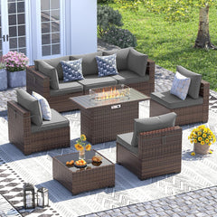 Patio Furniture Set, 8 Inch Armrest Outdoor Sectional Sofa, 6 Piece Wicker Outdoor Furniture Conversation Sets with Waterproof Cover and Coffee Table for Backyard Deck(Brown/Dark Grey)