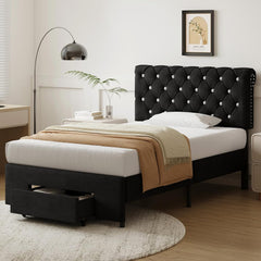 Full Size Bed Frame with 2 Storage Drawers, Upholstered Bed Frame with Adjustable Diamond Headboard, Velvet Modern Platform Bed Frame, No Box Spring Needed, Easy to Assemble, Beige