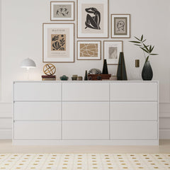 70.9” Dresser for Bedroom with 9 Drawers, Large Modern Chest of Drawers with Deep Drawers, Wide Double Dresser Handle Free, Storage Organizer for Bedroom, Living Room, Hallway (White)