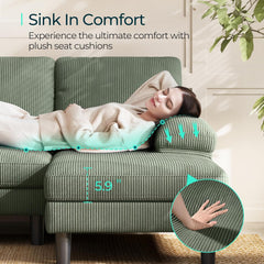 Sectional Couch, 111'' W Corduroy U Shaped Sofa with Sleepable Armrests, 4 Seat Couch with Double Chaises, Deep Seat Sofa for Living Room, Army Green