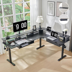 60 Inches L Shaped Electric Standing Desk, Height Adjustable Corner Gaming Desk with Drawers, Keyboard Tray, Power Outlets & LED Lights, Computer Desk with Monitor Shelf, Antique White