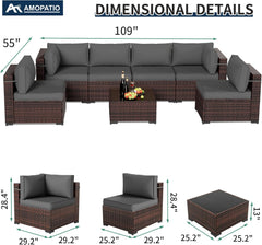 Patio Furniture Sets, 7 Pieces Outdoor Rattan Sectional Sofa Set with Glass Table and Cushions, Wicker Patio Conversation Set for Outdoor Indoor Backyard Lawn Garden Porch (Grey)