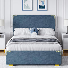 Queen Bed Frame, Queen Size Bed Frame with Headboard and Footboard, Chenille Fabric Upholstered Bed Frame, Gold-Colored Support Feet, Strong Wooden Slats, No Box Spring Needed, Easy Assembly, Black