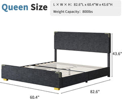 Queen Bed Frame, Queen Size Bed Frame with Headboard and Footboard, Chenille Fabric Upholstered Bed Frame, Gold-Colored Support Feet, Strong Wooden Slats, No Box Spring Needed, Easy Assembly, Black