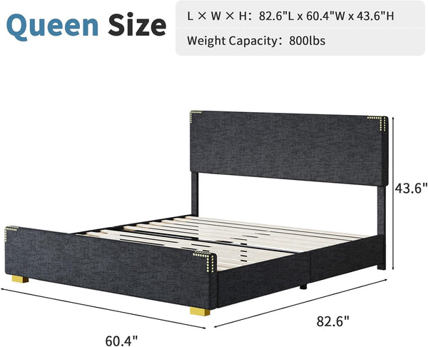 Queen Bed Frame, Queen Size Bed Frame with Headboard and Footboard, Chenille Fabric Upholstered Bed Frame, Gold-Colored Support Feet, Strong Wooden Slats, No Box Spring Needed, Easy Assembly, Black