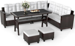 6-Piece Outdoor Patio Furniture Set - Sectional Sofa, Dining Table & Chairs Included, All-Weather Dining Set with Ottoman, Grey Wicker and Grey Cushions