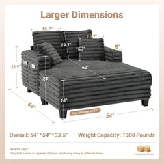 Chaise Lounge Chair Indoor, 64" Oversized Sleeper Chair with Wood Frame, Upholstered Sofa Bed for Living Room, Movie Room, Bedroom with 4 Storage Pockets& 2 Cup Holders(Corduroy, Grey)