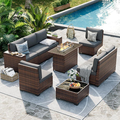 Patio Furniture Set, 8 Inch Armrest Outdoor Sectional Sofa, 6 Piece Wicker Outdoor Furniture Conversation Sets with Waterproof Cover and Coffee Table for Backyard Deck(Brown/Dark Grey)