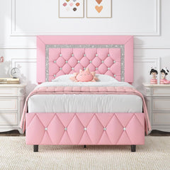Queen Bed Frame with Diamond Headboard, Faux Leather Upholstered Platform Bed, Mattress Foundation, No Box Spring Needed, Easy Assembly, Pink