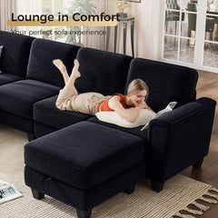 Sectional Sofa Couch for Living Room, 106 Inches L Shaped Couch with Storage, 5 Seater Corduroy Home Sofas, Modern Couches with Chaise for Apartment, Sofas Para Sala, Dark Blue