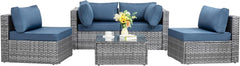 5 Pieces Outdoor Patio Sectional Sofa Couch, Silver Gray PE Wicker Furniture Conversation Sets with Washable Cushions & Glass Coffee Table for Garden, Poolside, Backyard (Aegean Blue)