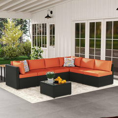 7-Piece Outdoor Patio Furniture Set – Handwoven All-Weather Rattan & 4” Thick Waterproof Cushions, Wicker Outdoor Conversation Sets with Coffee Table for Deck, Backyard, Garden