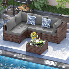 Patio Furniture Set, 8 Inch Armrest Outdoor Sectional Sofa, 6 Piece Wicker Outdoor Furniture Conversation Sets with Waterproof Cover and Coffee Table for Backyard Deck(Brown/Dark Grey)