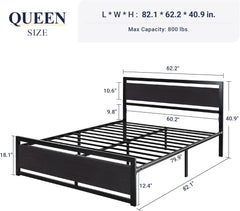Queen Bed Frame with Headboard, Heavy Duty Metal Platform Base with Strong Support, underneath Storage Space, Stable Mattress Foundation, No Box Spring Needed, Black