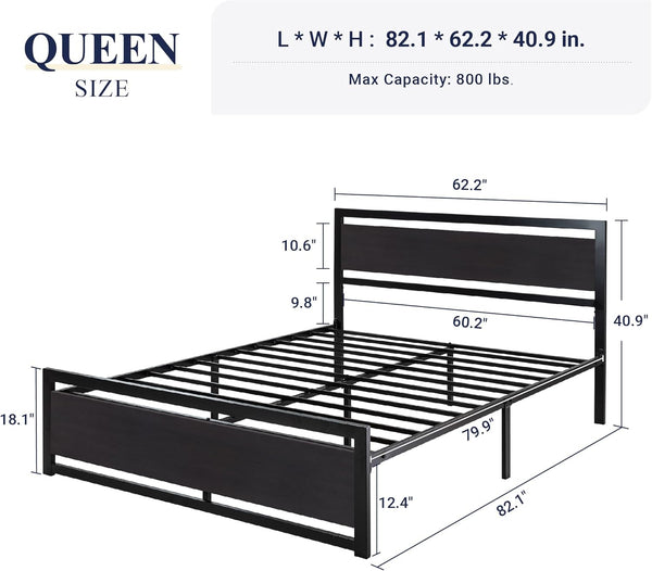 Queen Bed Frame with Headboard, Heavy Duty Metal Platform Base with Strong Support, underneath Storage Space, Stable Mattress Foundation, No Box Spring Needed, Black