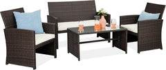 4-Piece Outdoor Wicker Patio Conversation Furniture Set for Backyard W/Coffee Table, Seat Cushions - Gray/Cream